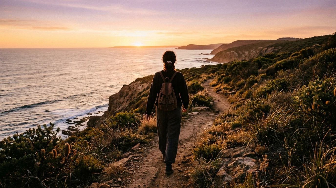 Person walking along a coastal path at golden hour - active lifestyle and everyday energy