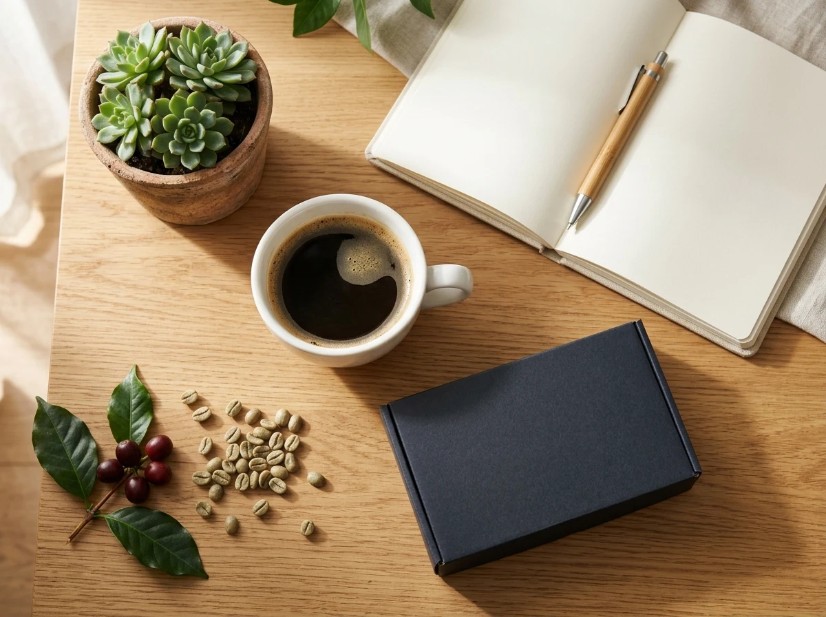 Morning wellness flat-lay with coffee and botanical supplement ingredients